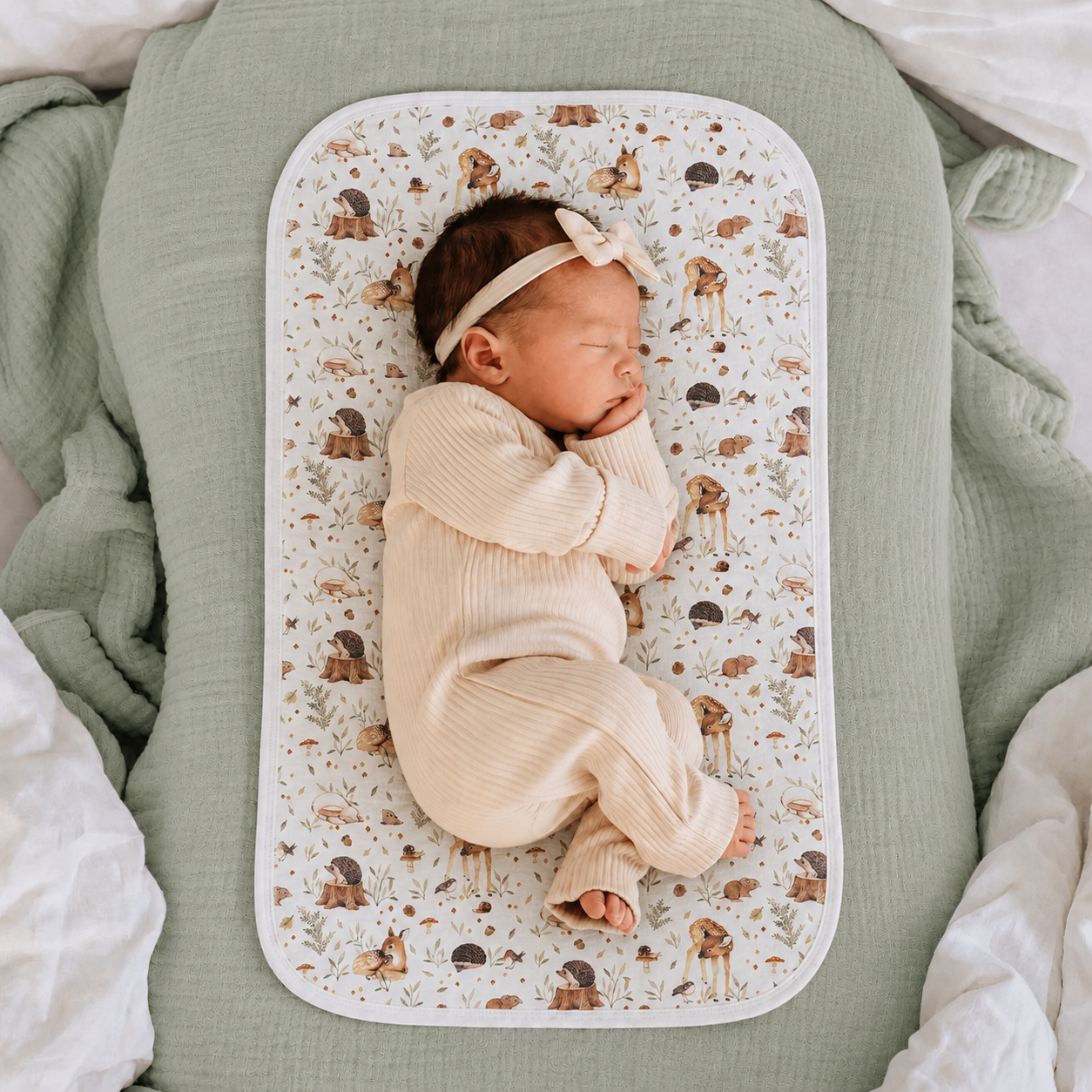 Miaoberry Organic Muslin Portable Changing Pad Liner Woodland Deer and Soft Green, 3 Pack