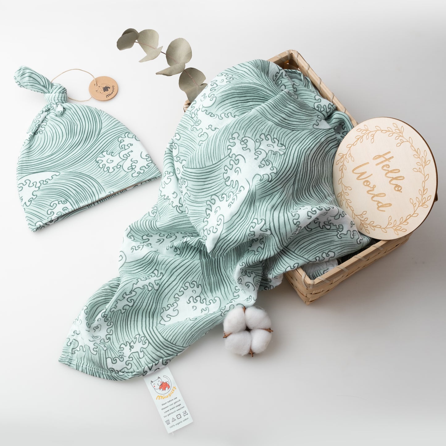Organic Muslin Swaddle Set with Matching Bow, Wave