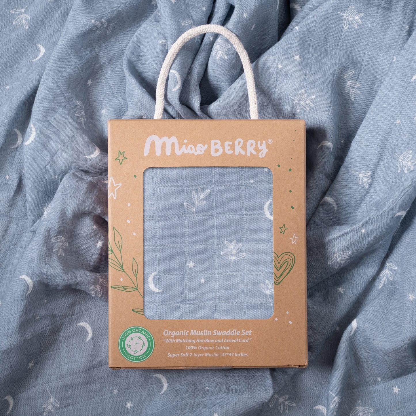 Organic Muslin Swaddle Set with Matching Beanie and Bow, Moon Blue