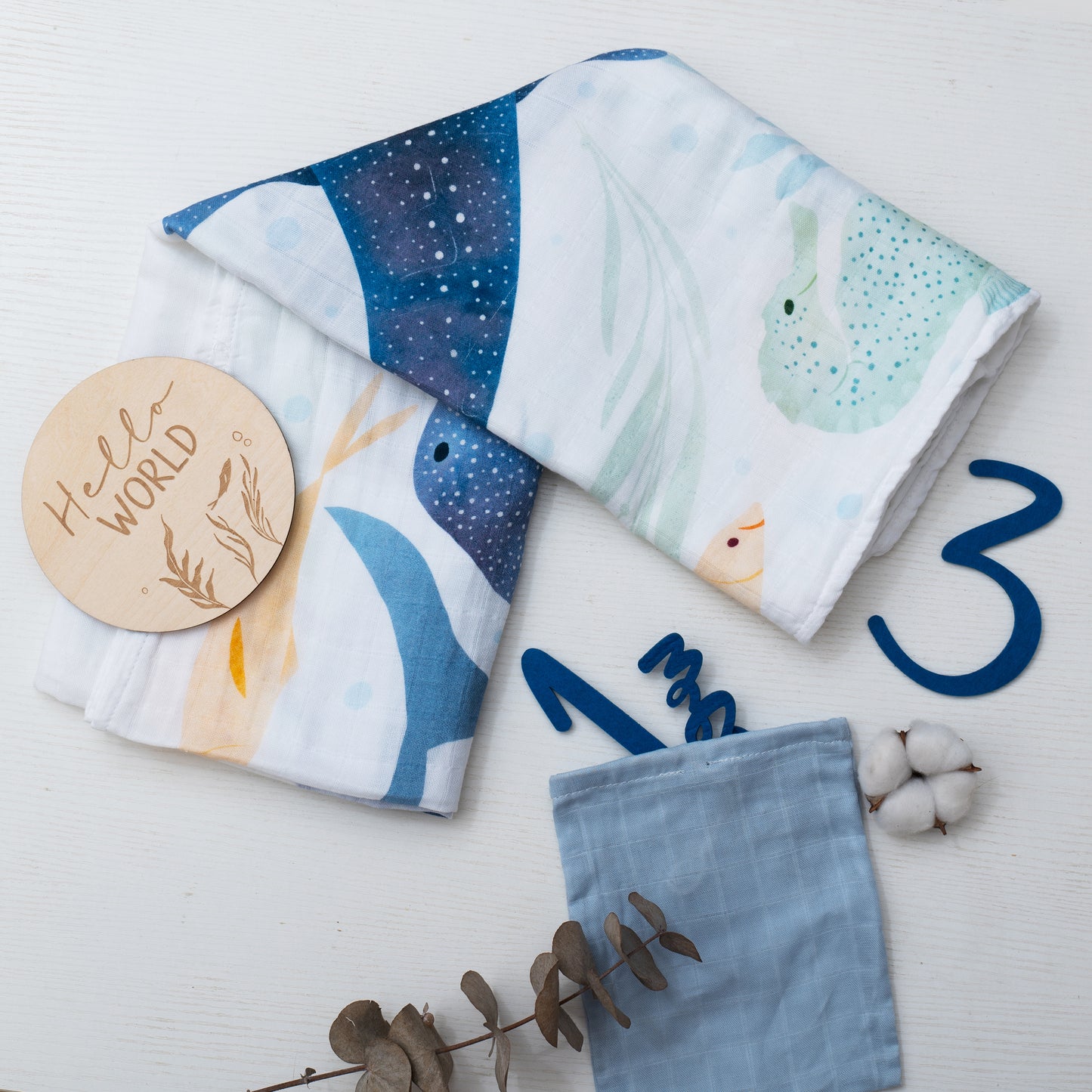 Organic Cotton Muslin Milestone Blanket| Ocean (Under-the-Sea)
