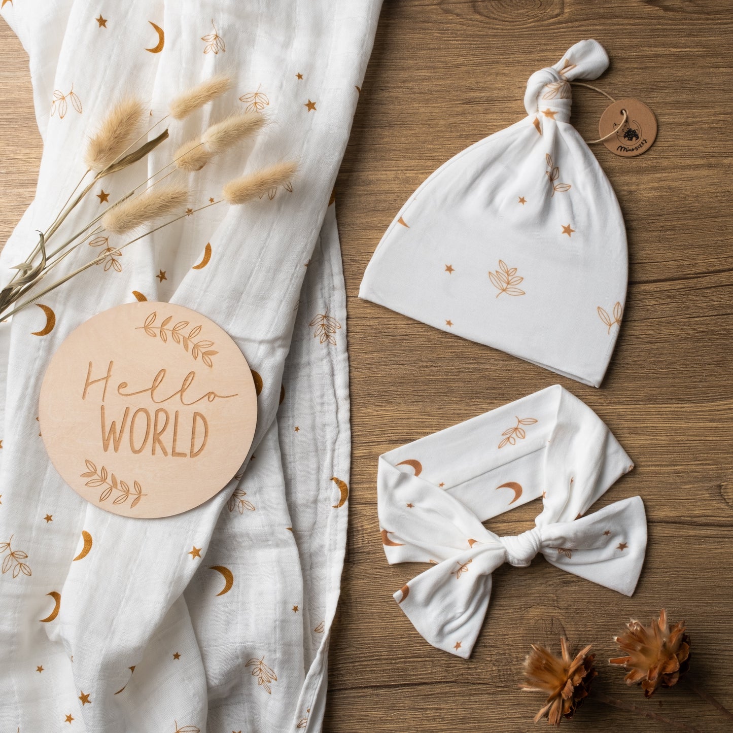 Organic Muslin Swaddle Set| Boho Moon in White