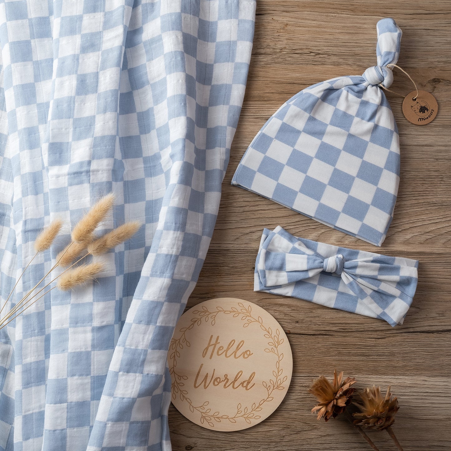 Organic Muslin Swaddle Set |Mist Blue Checkered