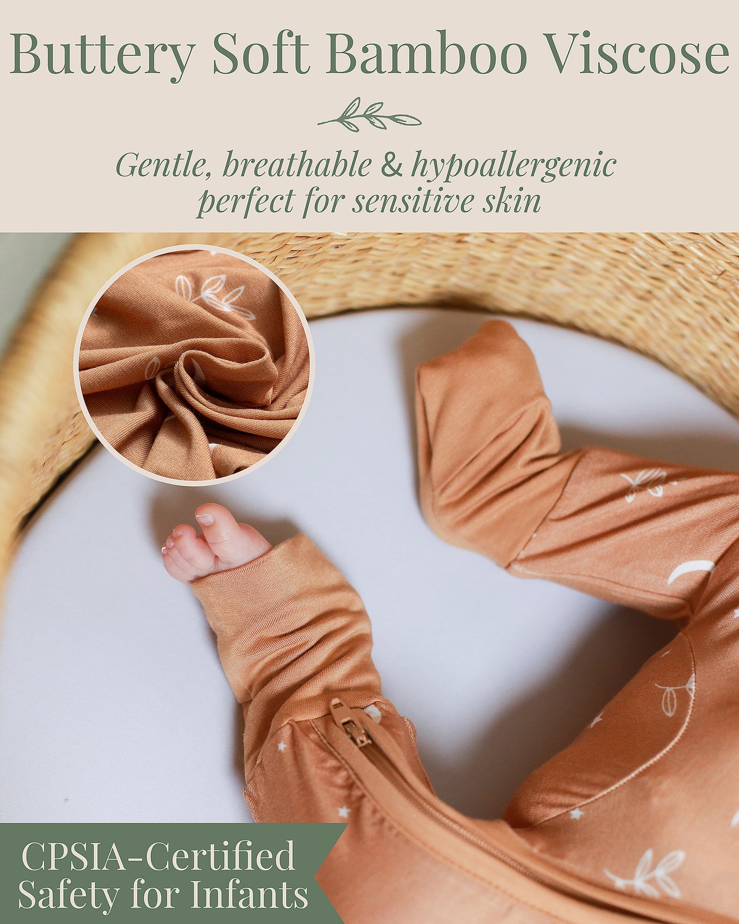 Baby boy wearing CPSIA Certified safety for infants bamboo convertible sleeper with moon print, soft and stretchy grow with baby