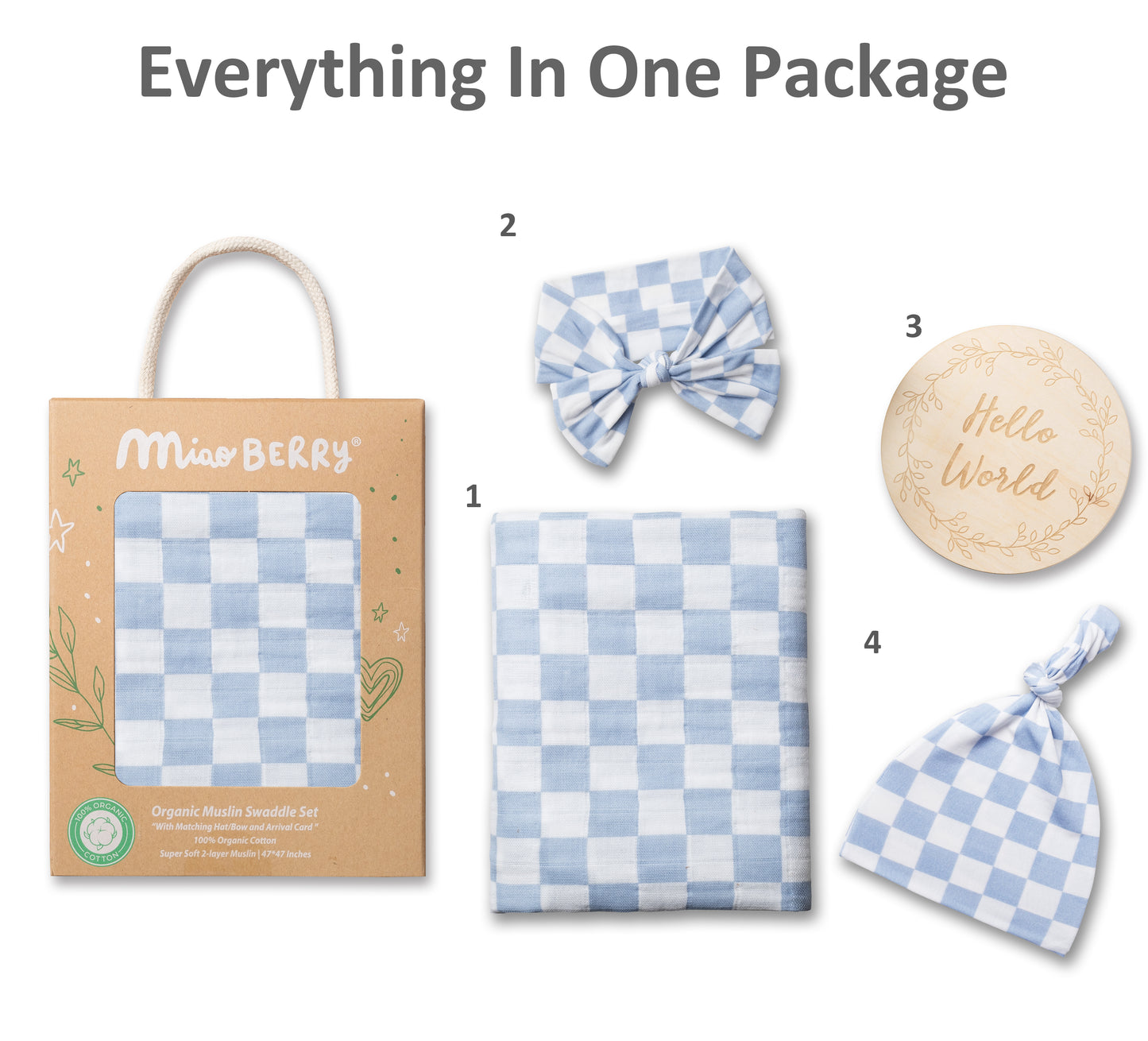 Organic Muslin Swaddle Set |Mist Blue Checkered