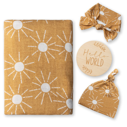 Organic Muslin Swaddle Blanket Set| Golden Sunrays in Mustard