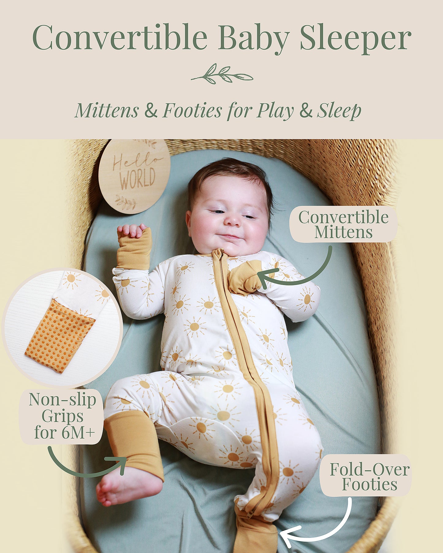 Fold-over mitten and convertible foot cuff detail on bamboo baby sleeper, with non-slip grips for 6 months plus