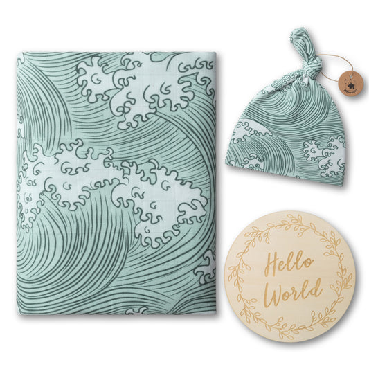 Organic Muslin Swaddle Set with Matching Bow, Wave