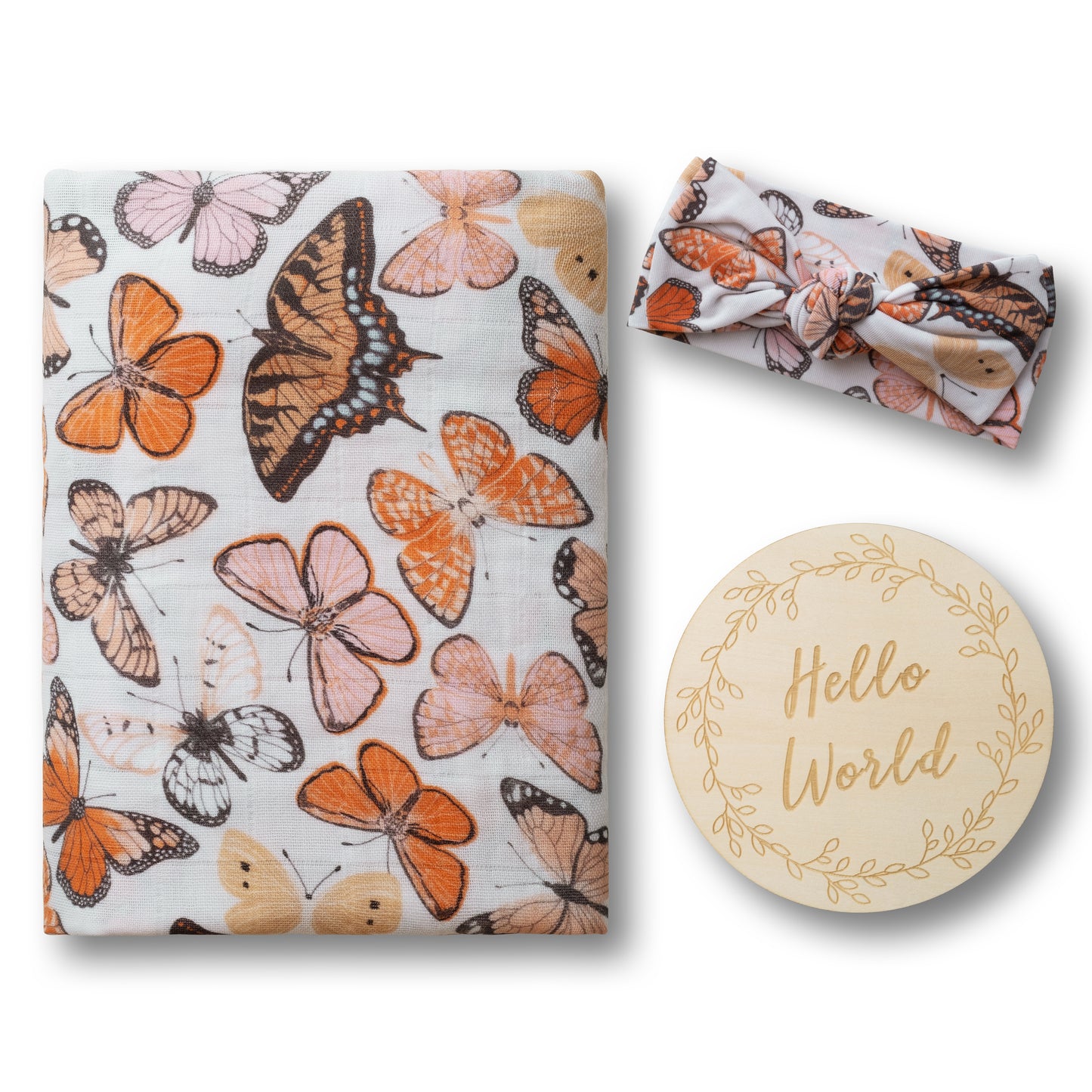 Organic Muslin Swaddle Set with Matching Bow, Butterfly
