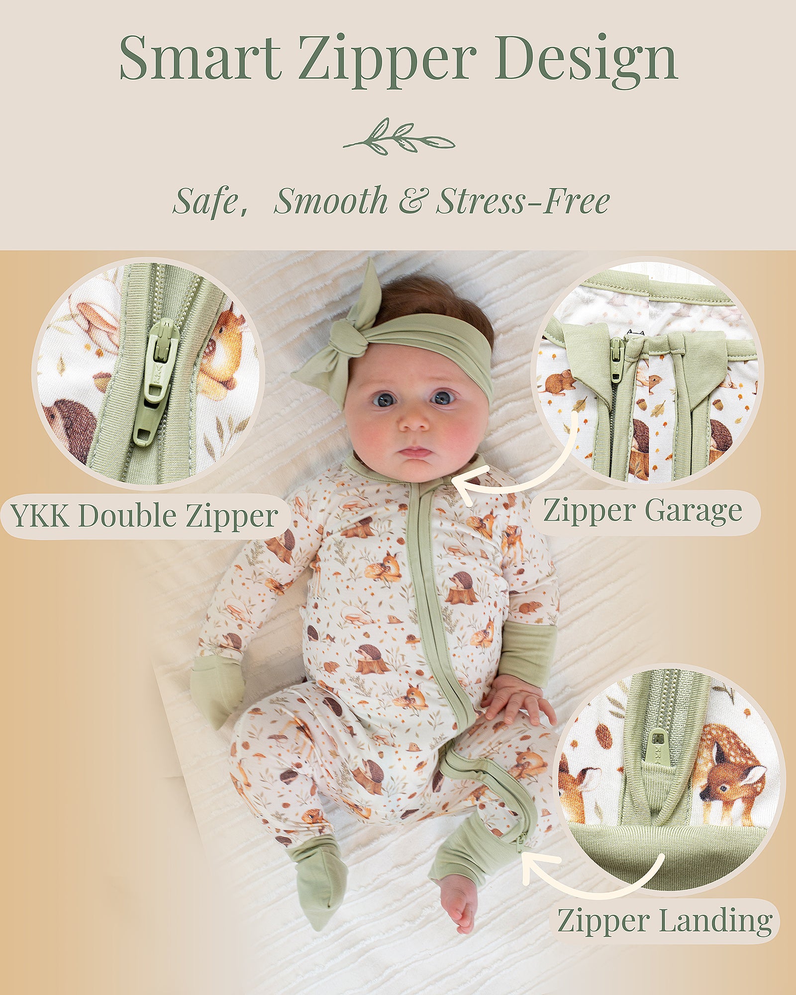 Two-way YKK zipper on Miaoberry bamboo baby sleeper with thoughtful zipper garage and zipper landing