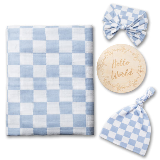 Miaoberry Mist Blue Checkered Swaddle Set with Matching Hat and Bow