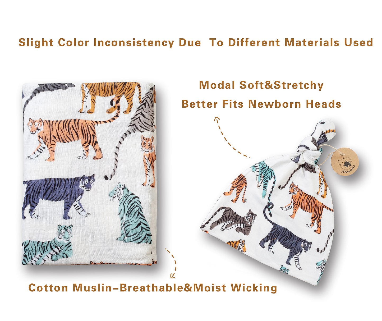 Organic Muslin Swaddle Set with Matching Bow, Tiger (Cream)