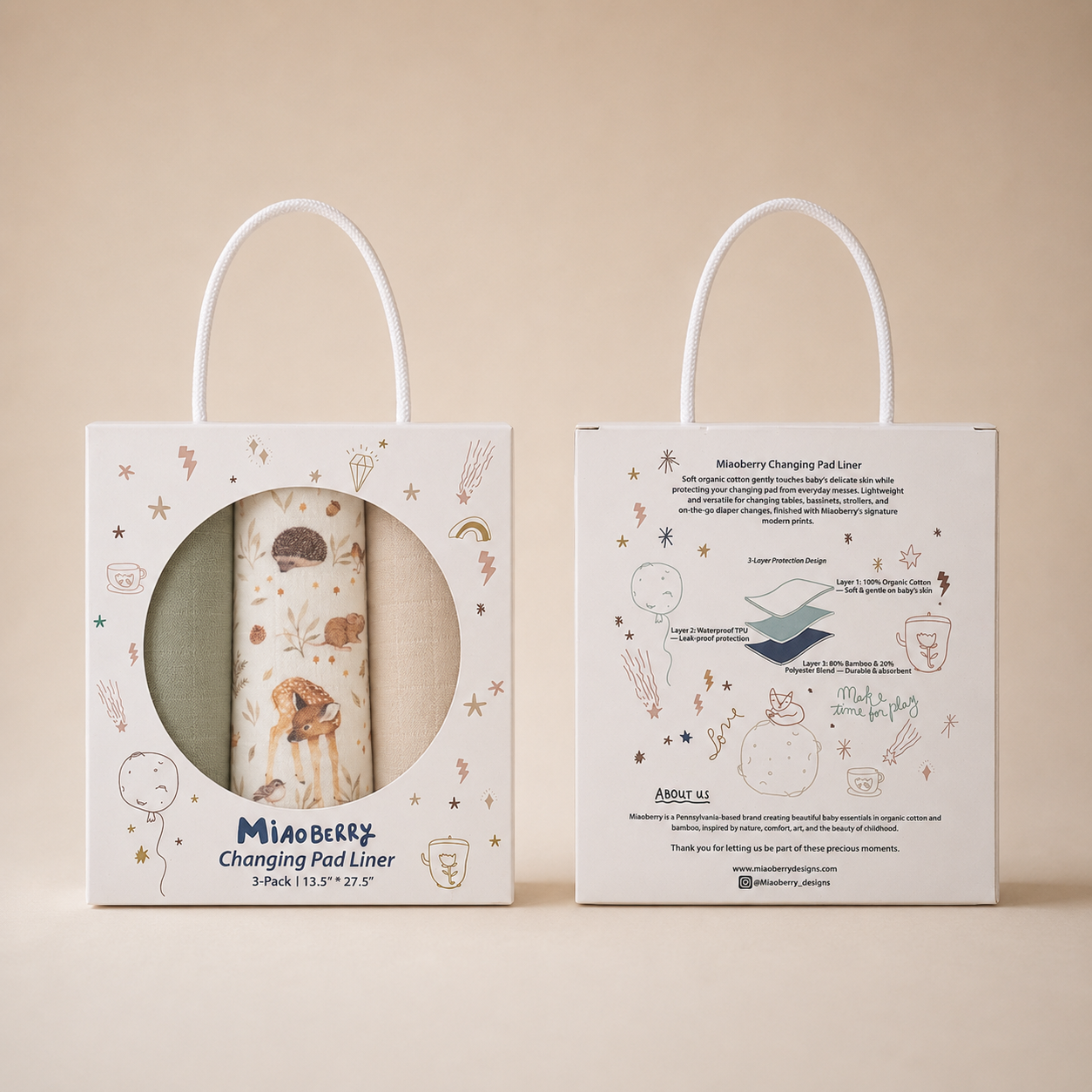 Miaoberry Organic Muslin Portable Changing Pad Liner Woodland Deer and Soft Green, 3 Pack