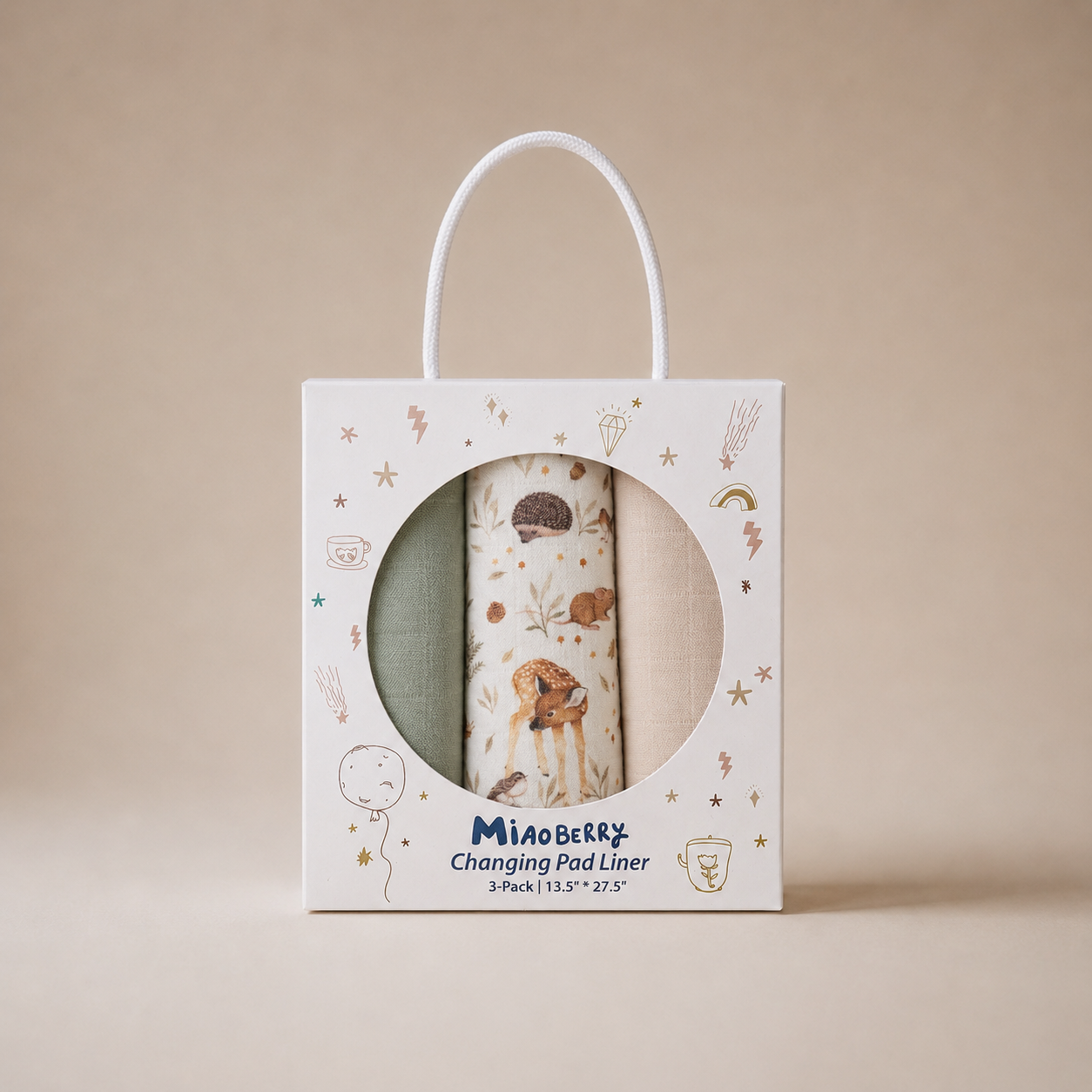 Miaoberry Organic Muslin Portable Changing Pad Liner Woodland Deer and Soft Green, 3 Pack
