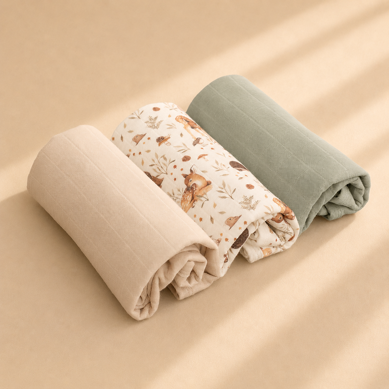 Miaoberry Organic Muslin Portable Changing Pad Liner Woodland Deer and Soft Green, 3 Pack
