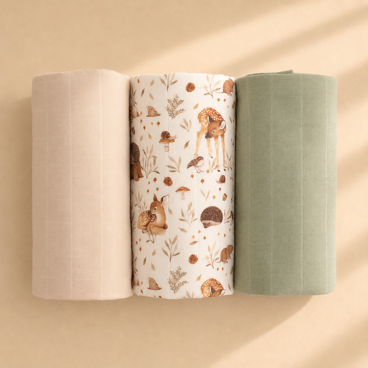 Miaoberry Organic Muslin Portable Changing Pad Liner Woodland Deer and Soft Green, 3 Pack
