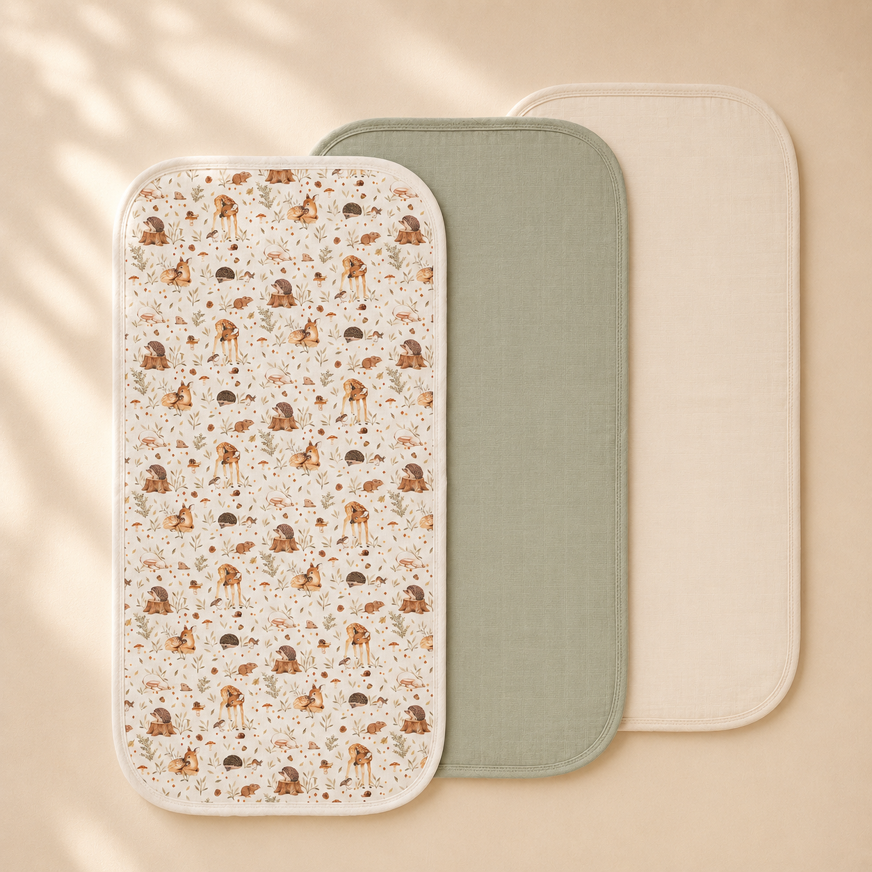 Miaoberry Organic Muslin Portable Changing Pad Liner Woodland Deer and Soft Green, 3 Pack