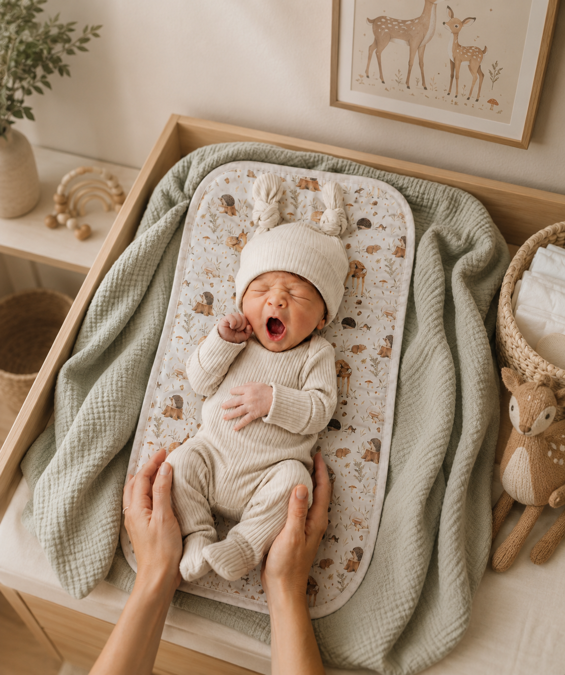 Miaoberry Organic Muslin Portable Changing Pad Liner Woodland Deer and Soft Green, 3 Pack