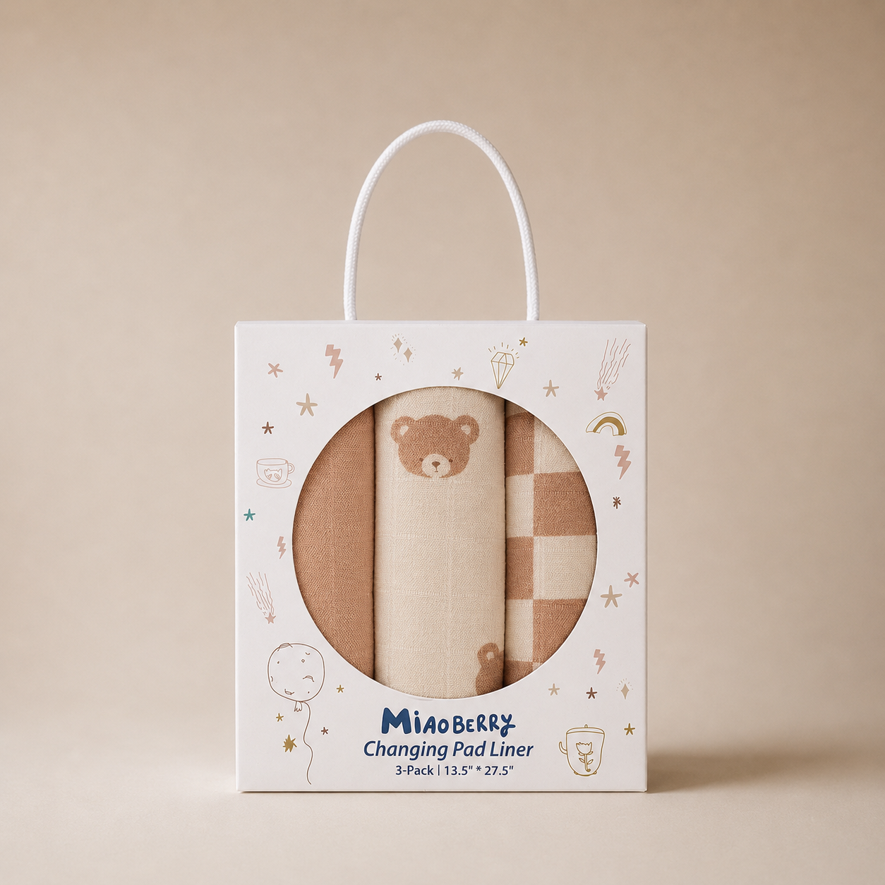 Miaoberry Organic Muslin Portable Changing Pad Liner, Teddy Bear and Checkered, 3 Pack (Copy) (Copy) (Copy)