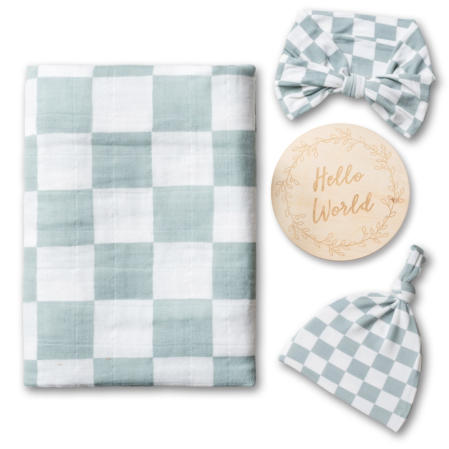 Organic Muslin Swaddle Set with Matching Beanie and Bow, Sage Checkered