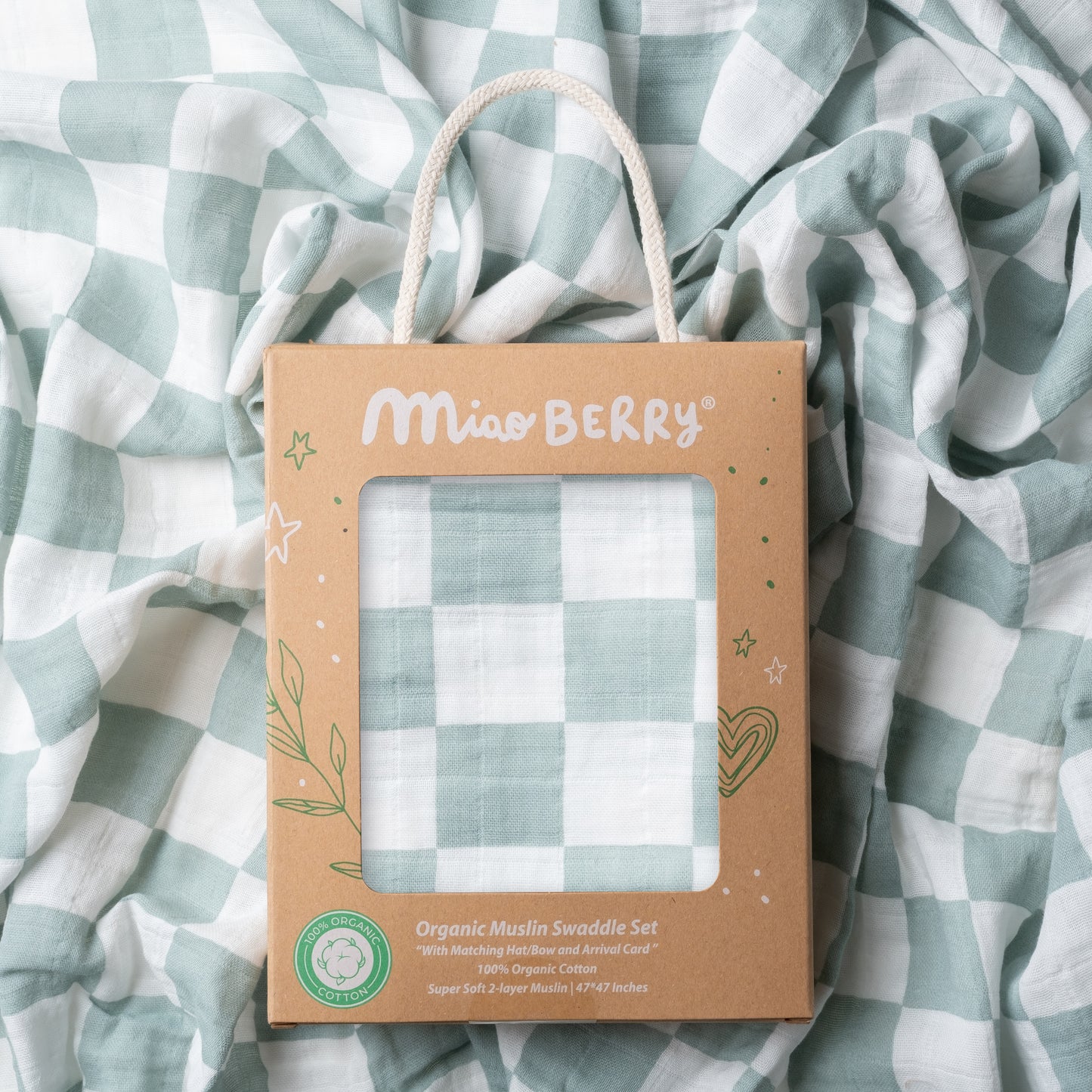 Organic Muslin Swaddle Set with Matching Beanie and Bow, Sage Checkered