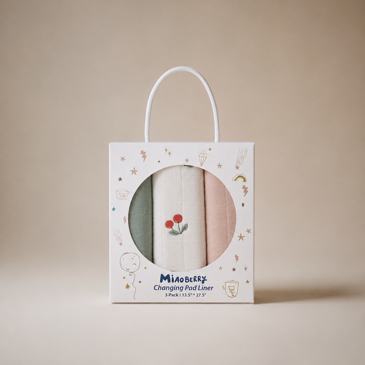 Miaoberry Organic Muslin Portable Changing Pad Liner, Cherry,Pink and Green, 3 Pack (Copy) (Copy)