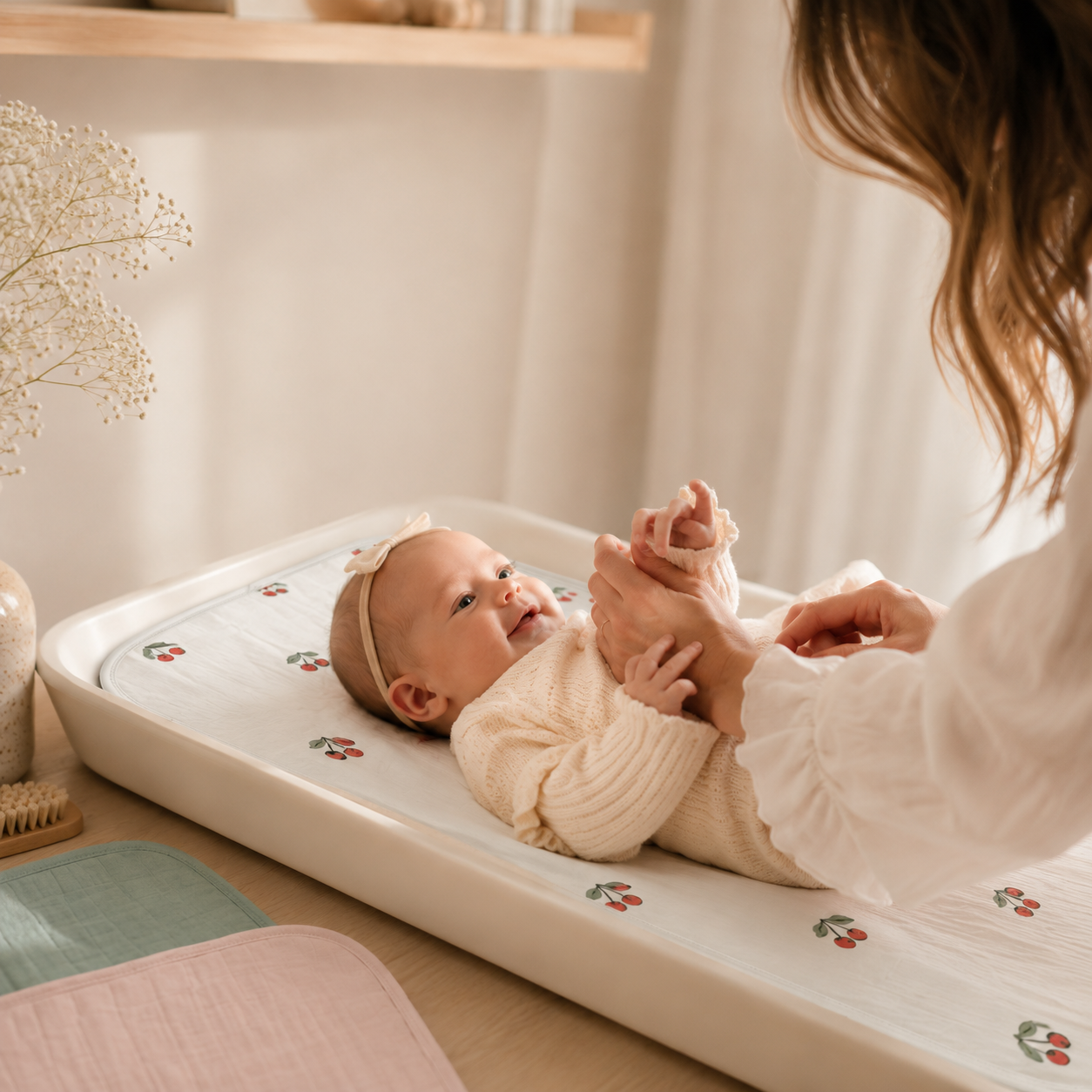 Miaoberry Organic Muslin Portable Changing Pad Liner, Cherry,Pink and Green, 3 Pack (Copy) (Copy)