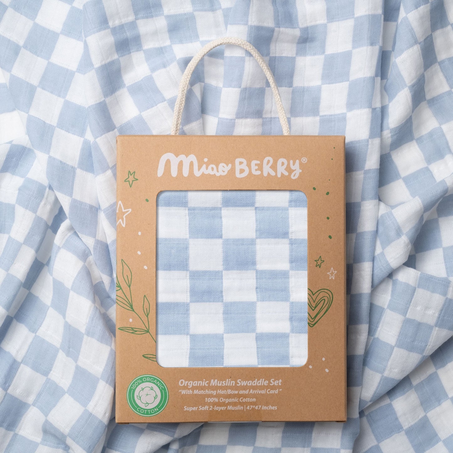 Miaoberry Mist Blue Checkered Swaddle Set with Matching Hat and Bow