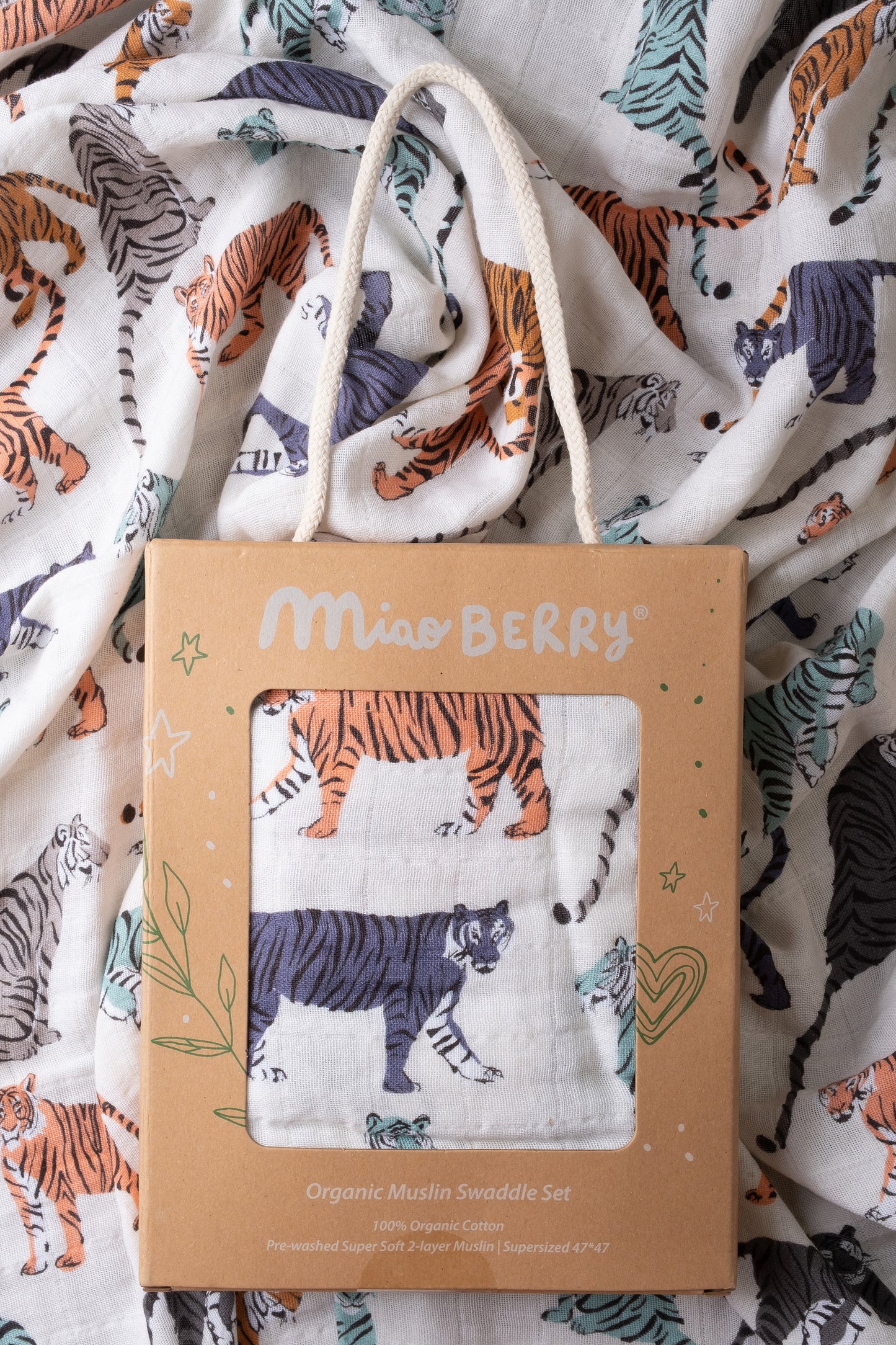 Organic Muslin Swaddle Set with Matching Bow, Tiger (Cream)