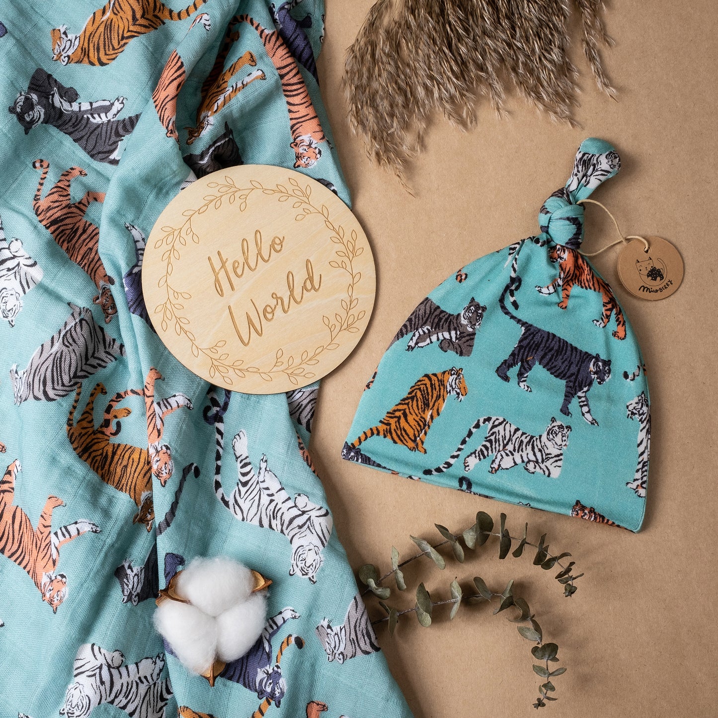 Organic Muslin Swaddle Set with Matching Bow, Tiger (Teal)