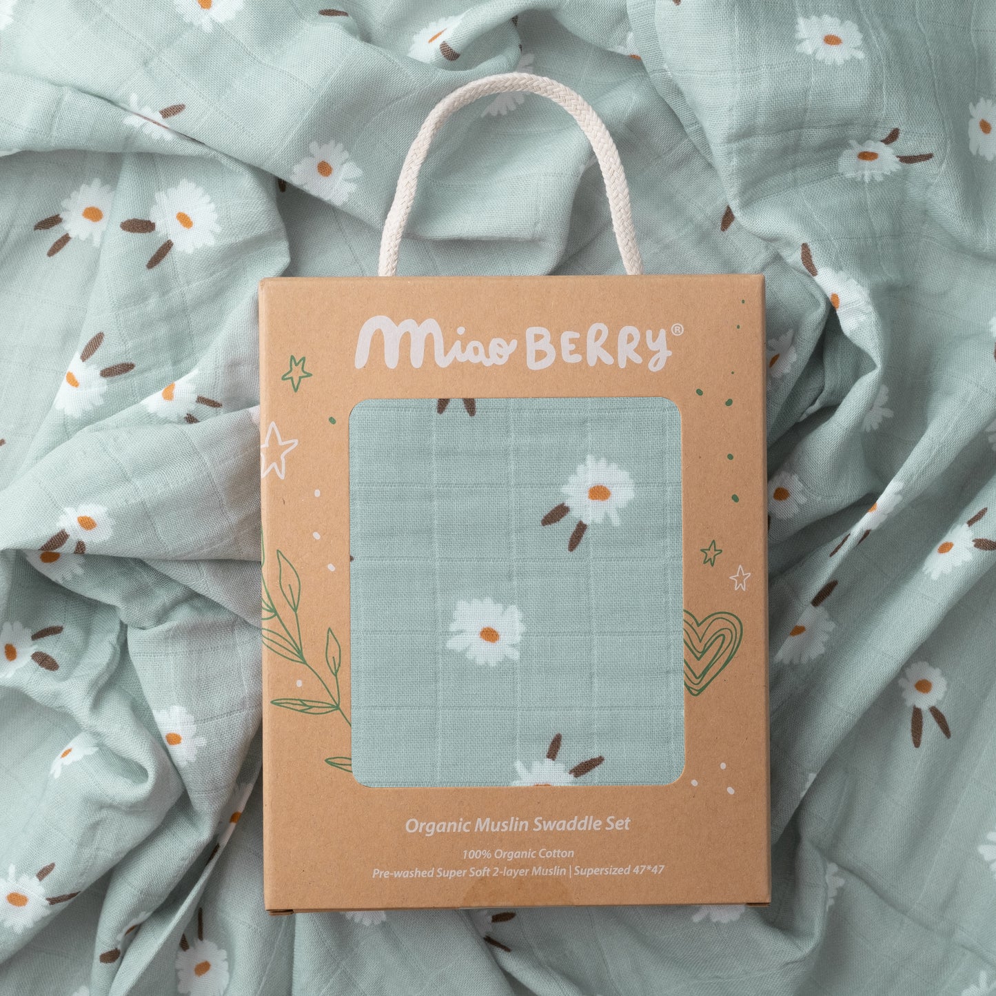 Organic Muslin Swaddle Set with Matching Bow, White Daisy