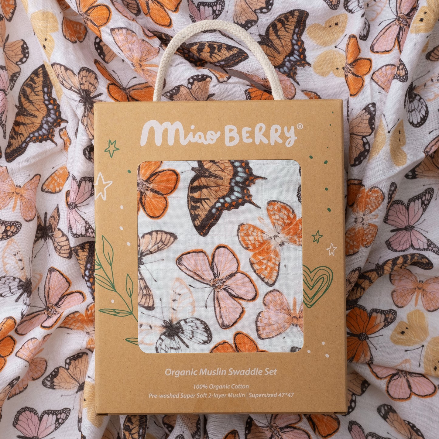 Organic Muslin Swaddle Set with Matching Bow, Butterfly