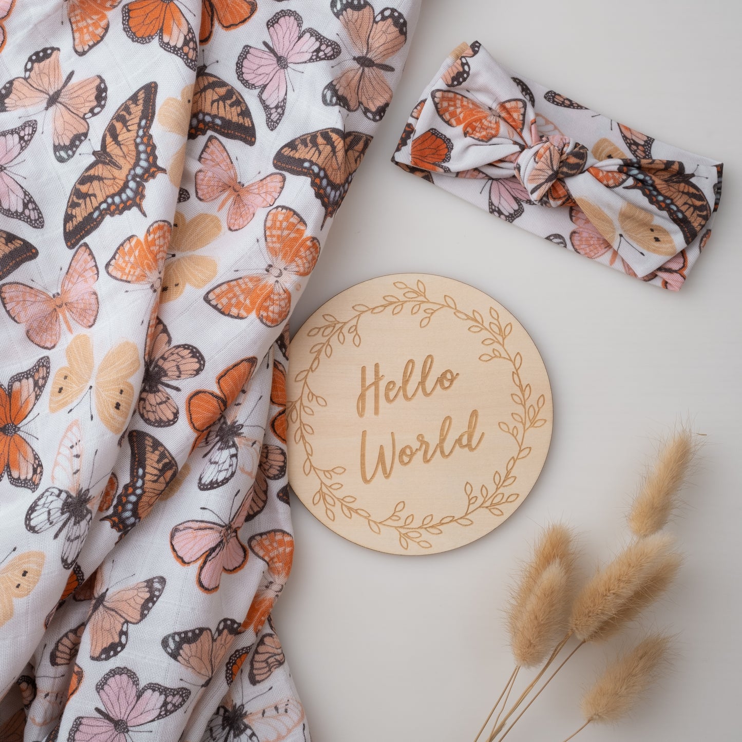 Organic Muslin Swaddle Set with Matching Bow, Butterfly
