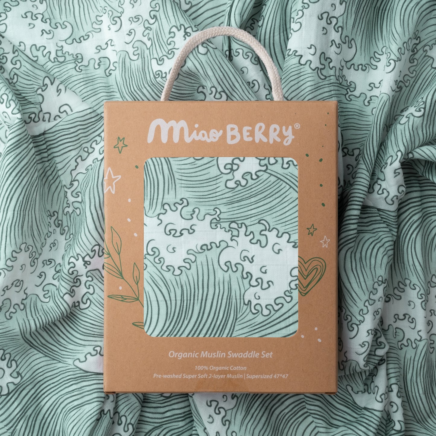 Organic Muslin Swaddle Set with Matching Bow, Wave