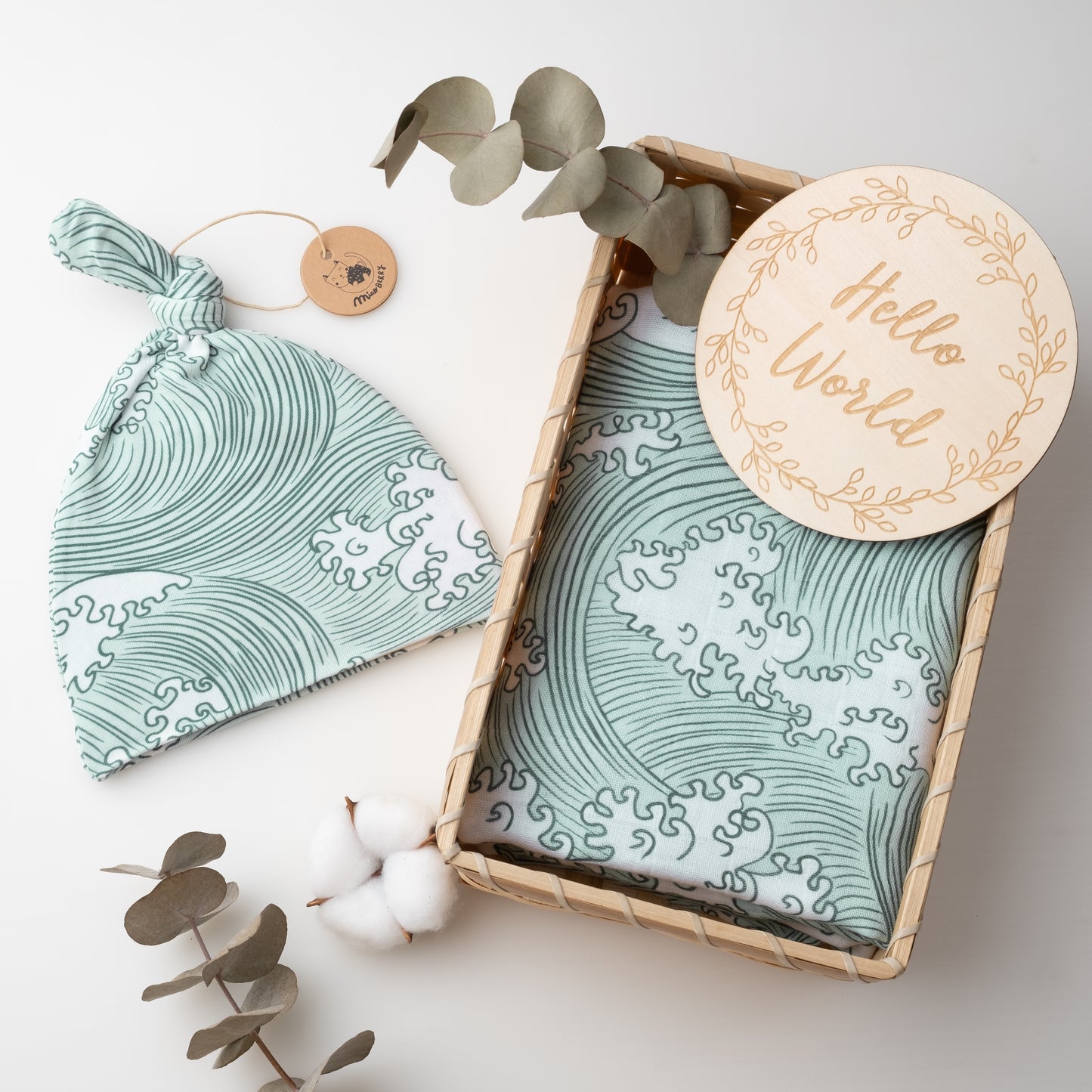 Organic Muslin Swaddle Set with Matching Bow, Wave