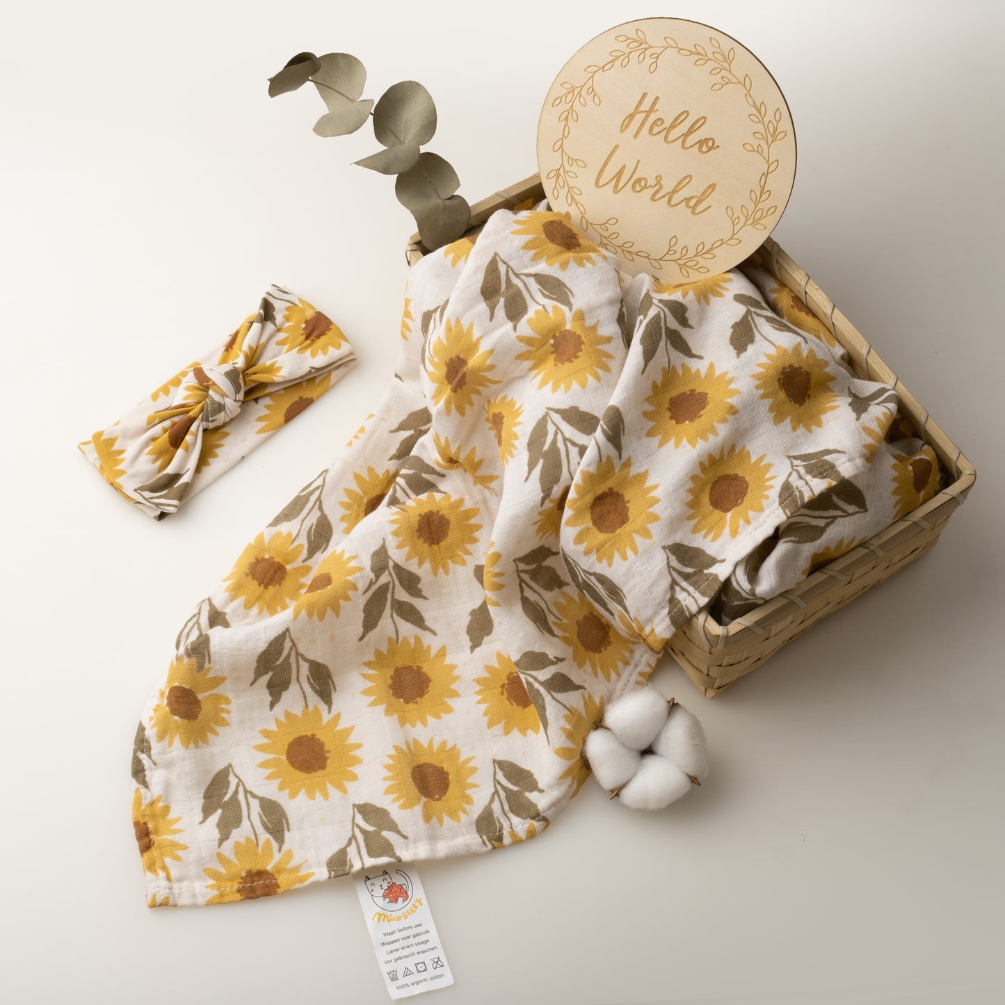 Organic Muslin Swaddle Set with Matching Bow, Boho Vintage Sunflowers