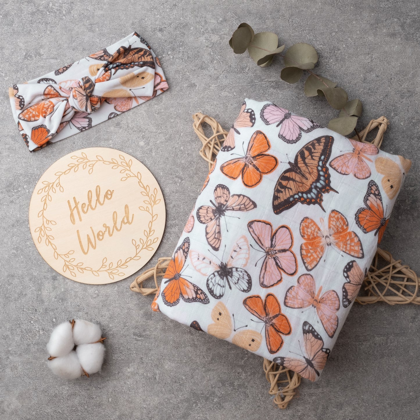 Organic Muslin Swaddle Set with Matching Bow, Butterfly