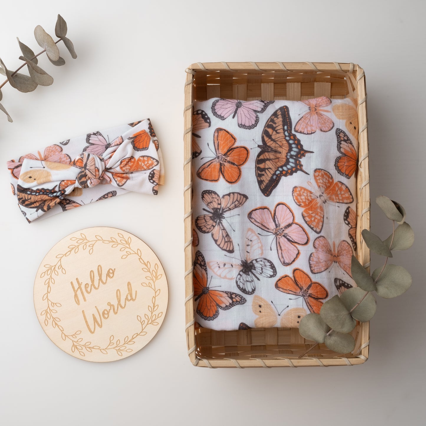 Organic Muslin Swaddle Set with Matching Bow, Butterfly