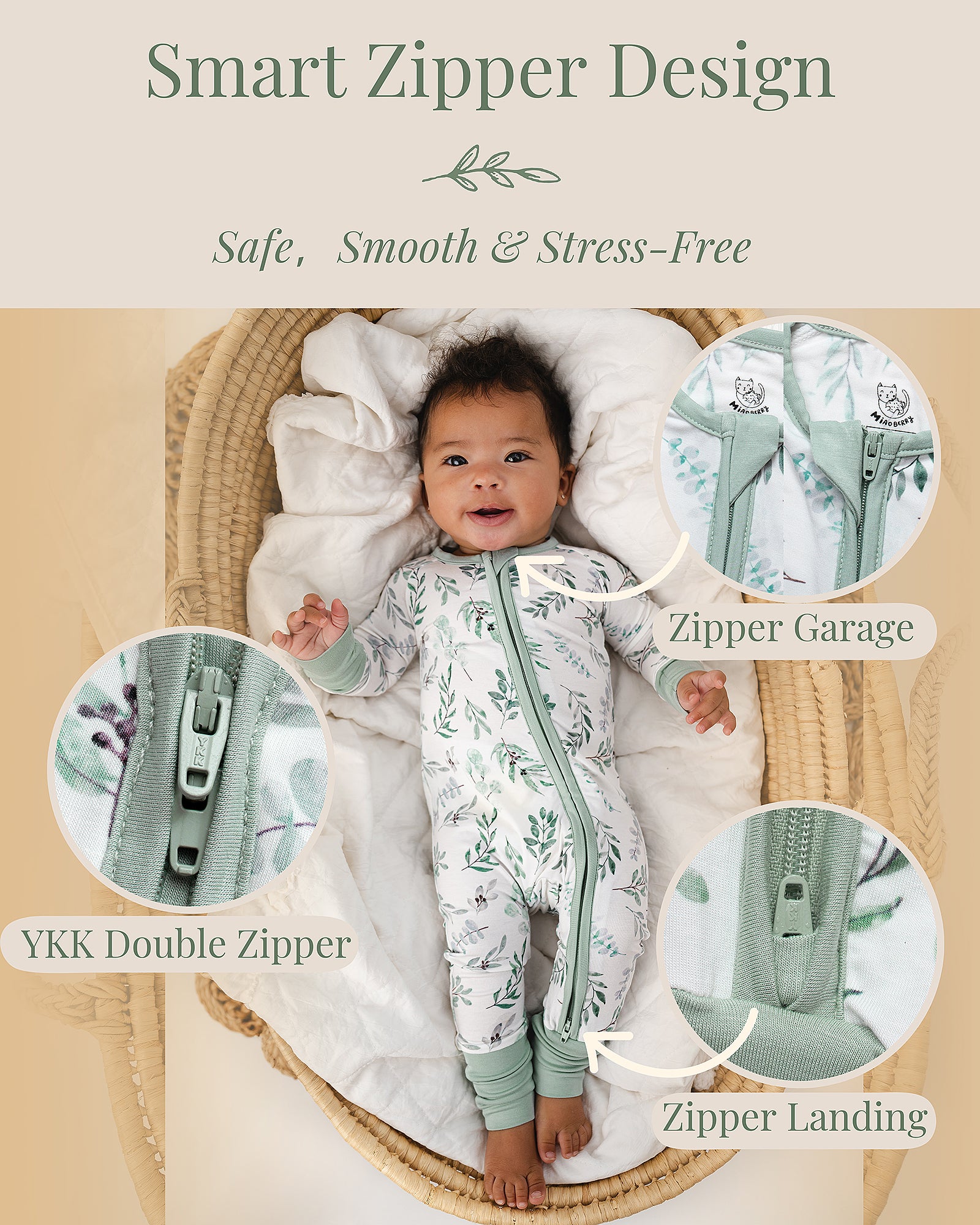 Two-way YKK zipper on Miaoberry bamboo baby sleeper with thoughtful zipper garage and zipper landing