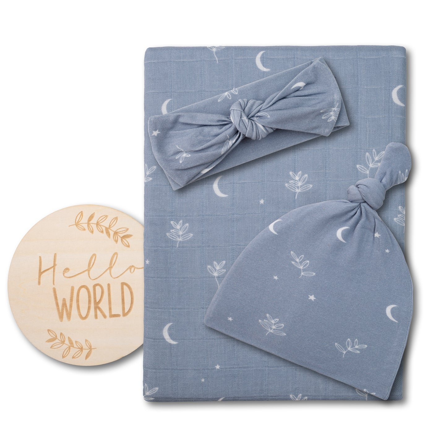 Organic Muslin Swaddle Set with Matching Beanie and Bow, Moon Blue