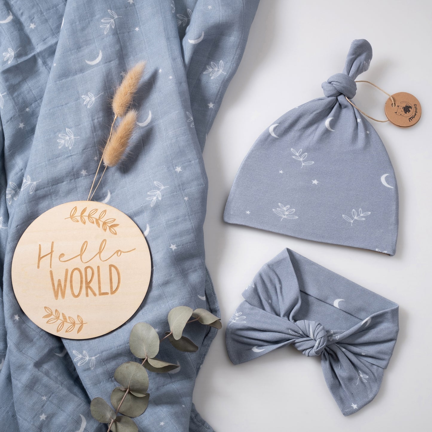 Organic Muslin Swaddle Set with Matching Beanie and Bow, Moon Blue