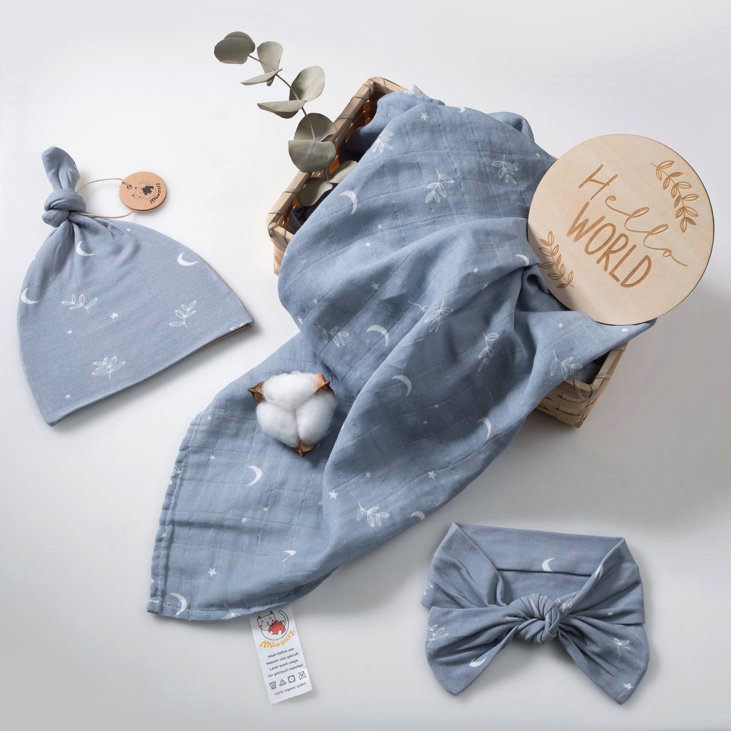 Organic Muslin Swaddle Set with Matching Beanie and Bow, Moon Blue