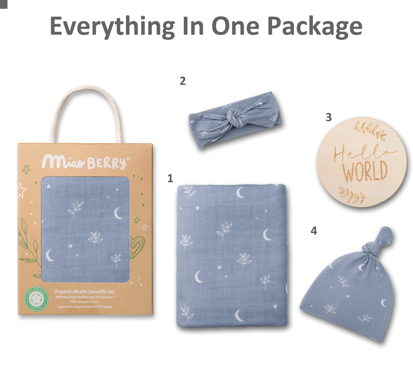 Organic Muslin Swaddle Set with Matching Beanie and Bow, Moon Blue