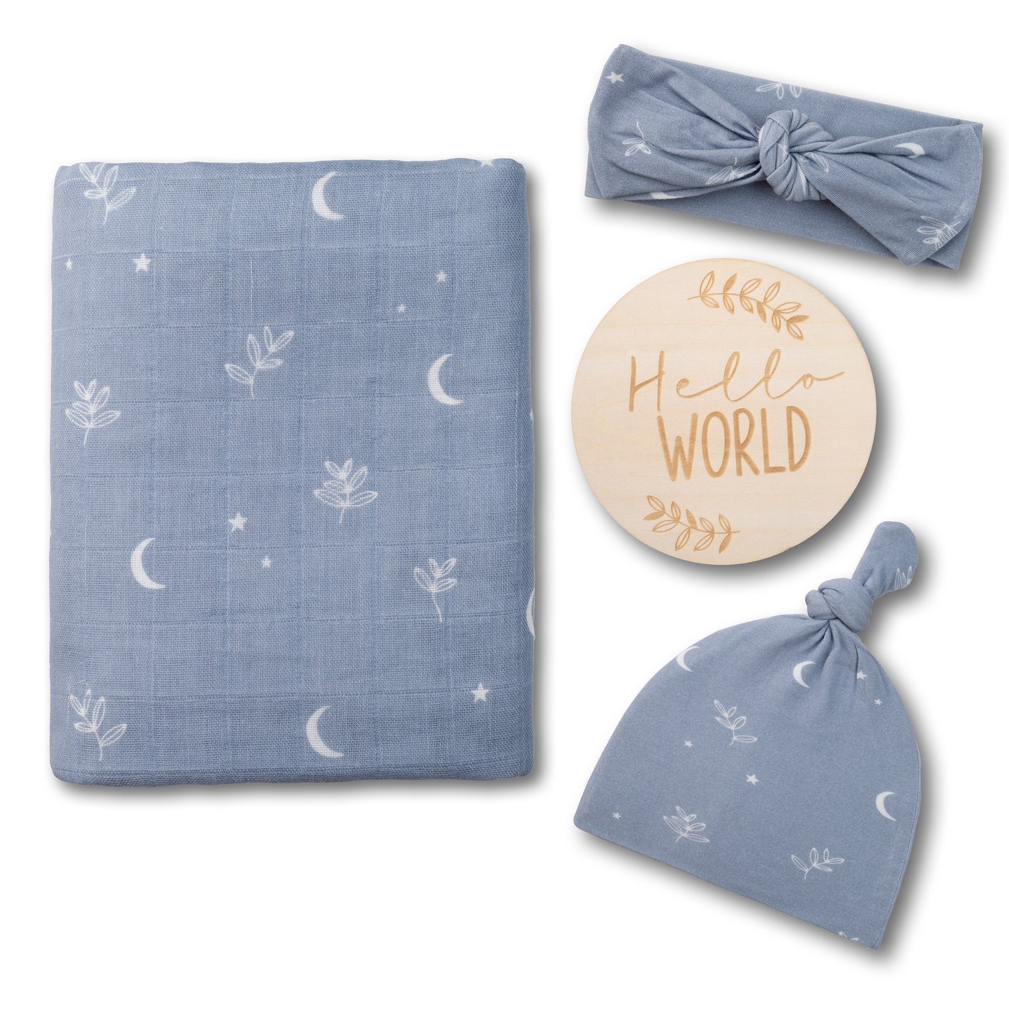 Organic Muslin Swaddle Set with Matching Beanie and Bow, Moon Blue