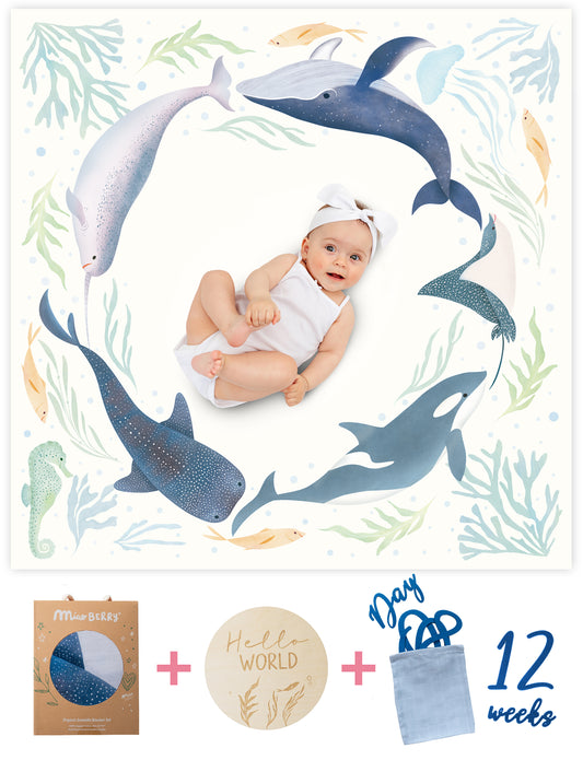 Organic Cotton Muslin Milestone Blanket| Ocean (Under-the-Sea)