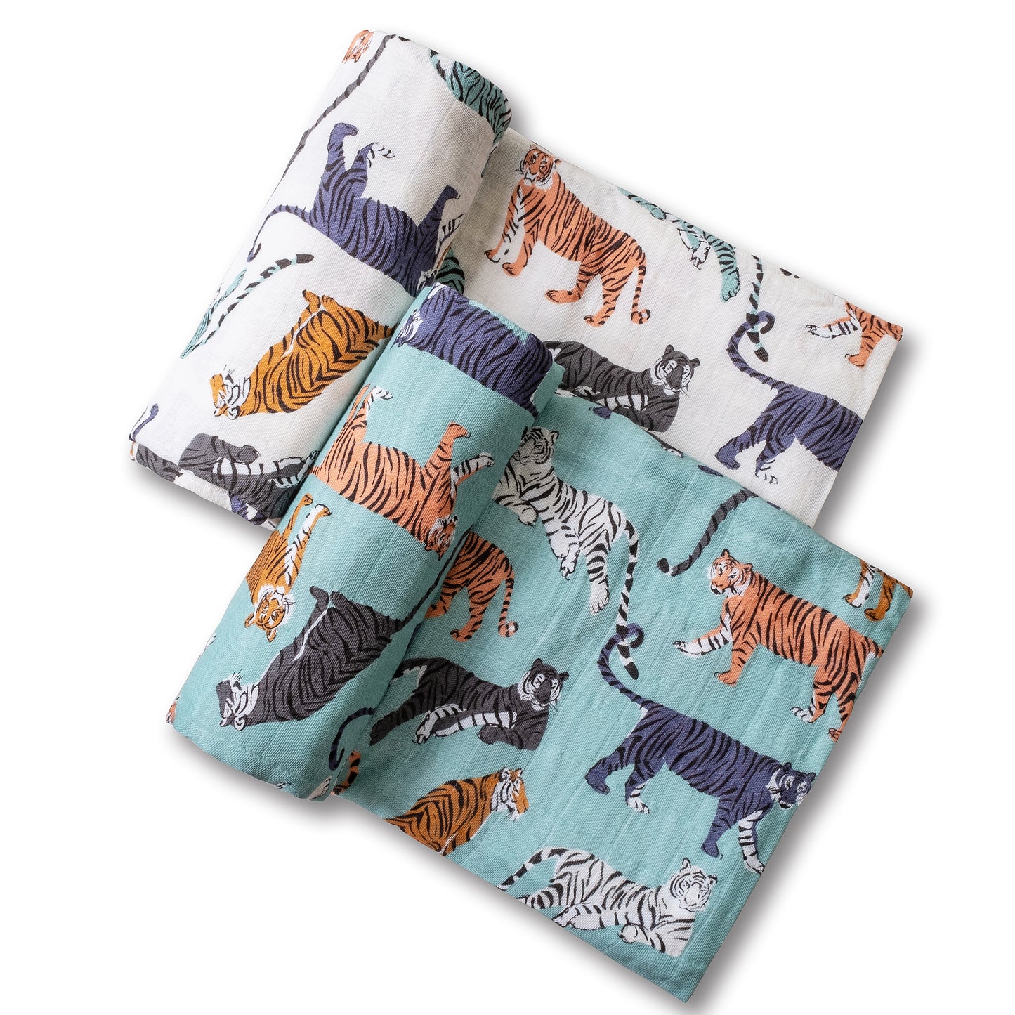 Organic Muslin Swaddle Set with Matching Bow, Tiger (Teal)