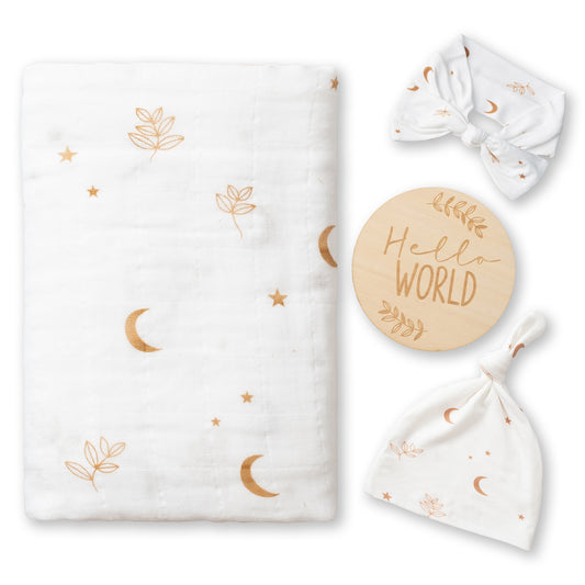 Miaoberry 100% Organic Cotton Baby Muslin Swaddle Blanket Set| Boho Moon in White