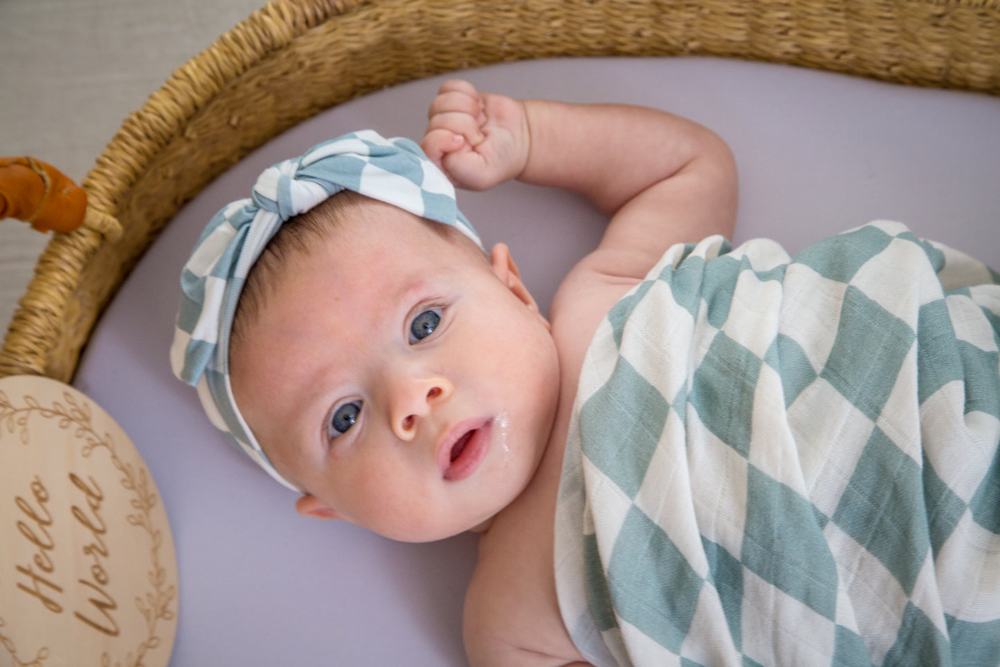 Organic Muslin Swaddle Set with Matching Beanie and Bow, Sage Checkered