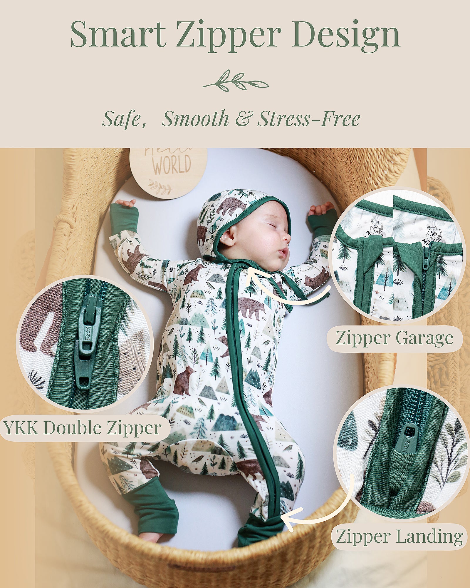 Two-way YKK zipper on Miaoberry bamboo baby sleeper with thoughtful zipper garage and zipper landing