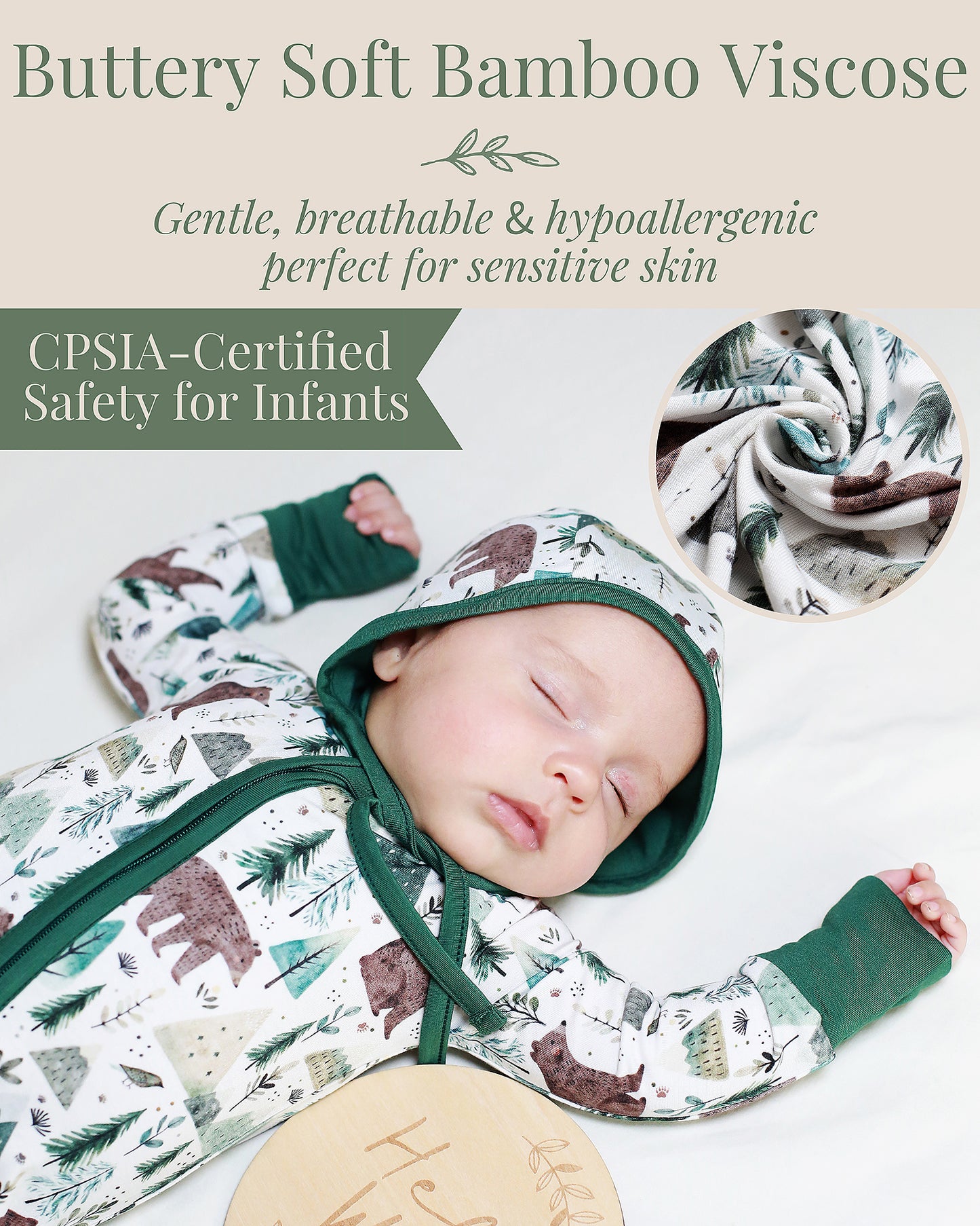 Baby boy wearing CPSIA Certified safety for infants  bamboo woodland sleeper with bear and pine tree print, soft and stretchy grow with baby