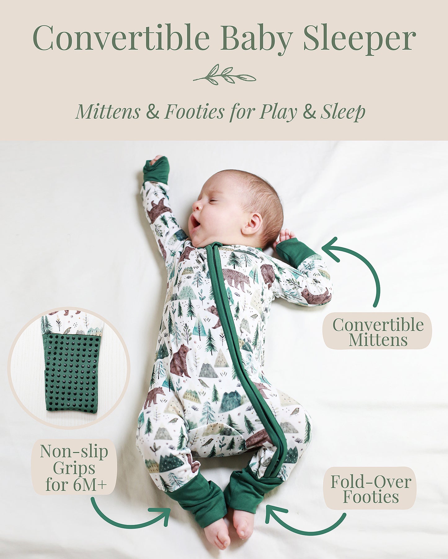 Fold-over mitten and convertible foot cuff detail on bamboo baby sleeper, with non-slip grips for 6 months plus 